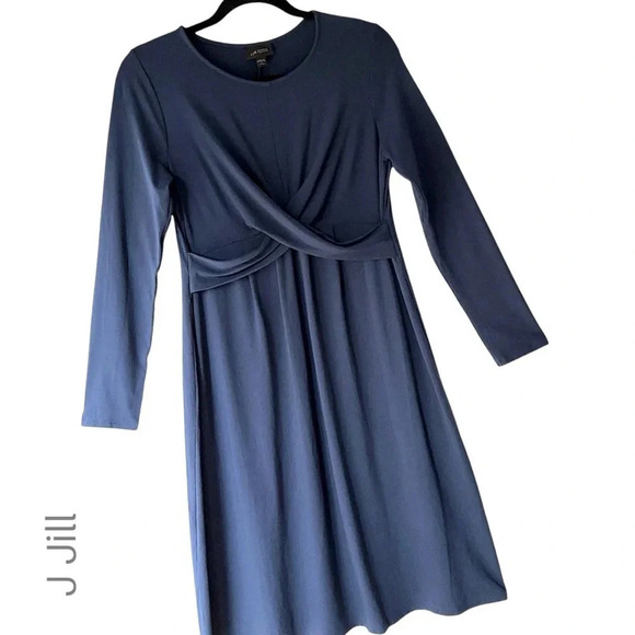 J JILL NWOT WEAREVER DRAPED FRONT LONG SLEEVE DRESS EVENING BLUEPETITE SMALL